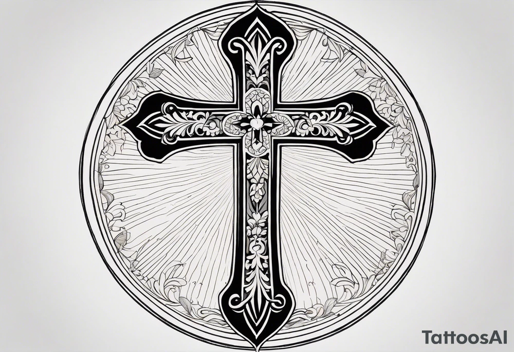 Tattoo: A refined cross with a soft halo on top of it, symbolizing light and spirituality. Delicate rays extend outward from the halo, adding a subtle glow and depth. The cross itself is simple and elegant, with potential for small, intricate line details within the design. tattoo idea