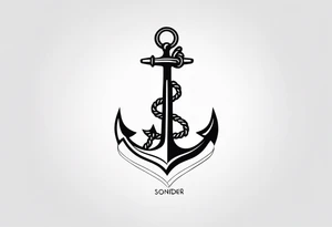 Anchor with the word sonder in the stem of the anchor tattoo idea