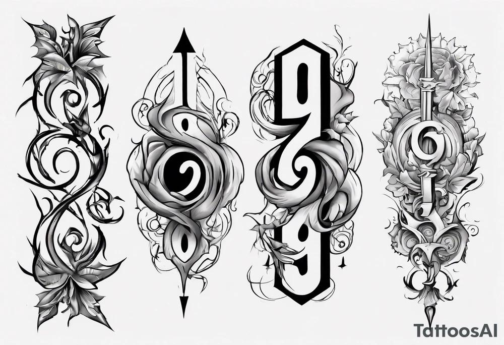 number 9 right side up and upside down connected tattoo black and grey on inside forearm 9:16 aspect ratio tattoo idea