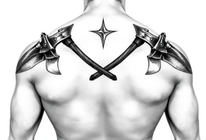 A very realistic, large Viking axes across my shoulder blades tattoo idea