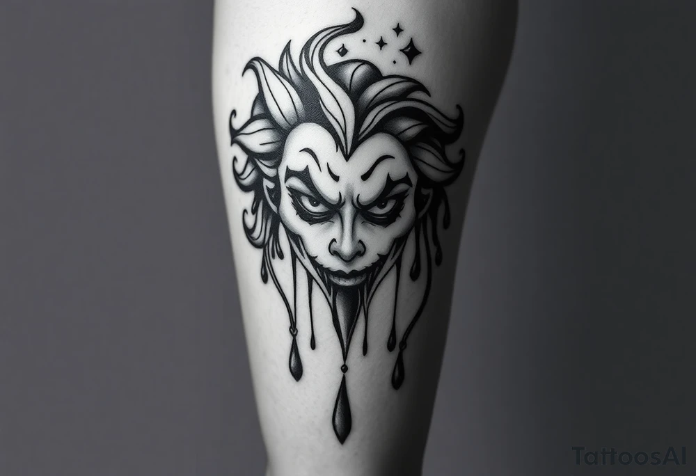 Powerful new age joker half face dripping surrounded with tribal tattoo idea