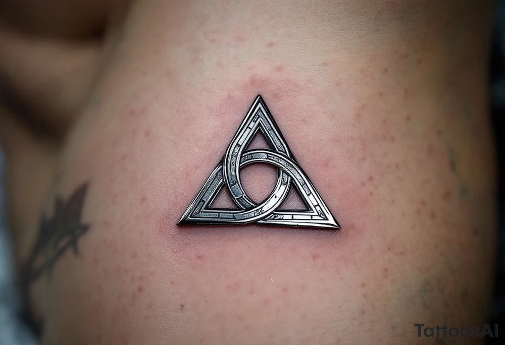 A silver metallic triquetra with a reflective shine, giving it a mystical and elegant appearance. tattoo idea