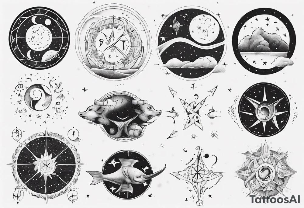 nigh sky, showing zodiac sign for Pisces and Taurus. upper arm sleeve tattoo tattoo idea