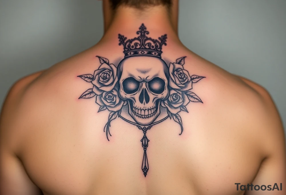 Bold vibrant gothic elegant skull with roses and crown with glow and lace drop tattoo idea
