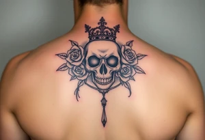 Bold vibrant gothic elegant skull with roses and crown with glow and lace drop tattoo idea