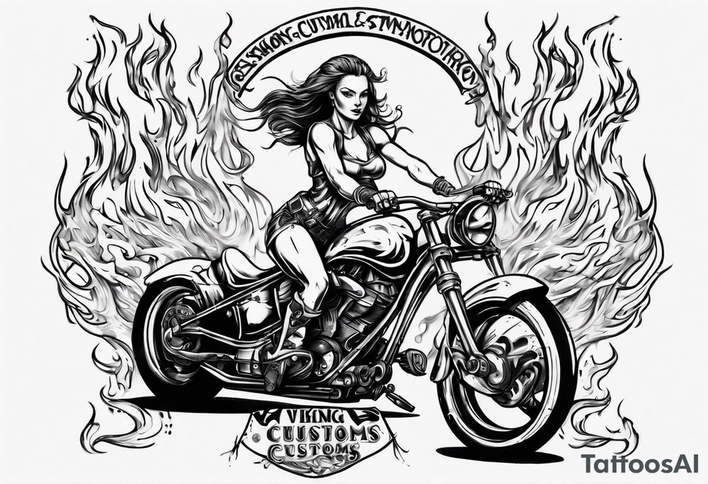 I want a detailed tattoo of a girl riding a motorcycle surrounded by flames with the company name “Viking Customs” incorporated in the design tattoo idea