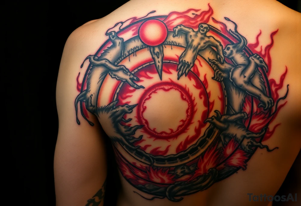 Dante 9 circles of hell full back tattoo

Limbo: Virtuous unbaptised souls wander in a melancholic, castle-like realm without torment.
Lust: Sinners are tossed eternally in violent storms symbolizing uncontrolled passions.
Gluttony: Souls lie in filthy slush under ceaseless rain, guarded by Cerberus.
Greed: Hoarders and spendthrifts push boulders against each other in futile conflict.
Anger: Wrathful fight on the surface of the Styx; sullen gurgle below in the mud.
Heresy: Heretics burn in flaming tombs for denying immortality.
Violence: Divided into sub-rings for violence against others, self, and nature (e.g., boiling blood, harpies).
Fraud: Ten ditches (bolge) for various deceivers, tormented by demons, serpents, and diseases.
Treachery: Traitors frozen in ice, with Satan at the center chewing the worst betrayers. tattoo idea