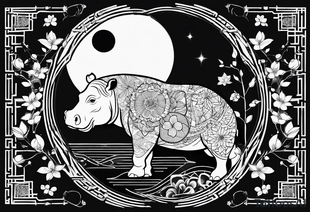 Very asymmetrical, +geometric pattern, with realistic full moon, with seeious looking hippo, +zen feel, + Buddhism touch,
with wintersweet flower bud, +portrait orientation, +inkart touch, tattoo idea