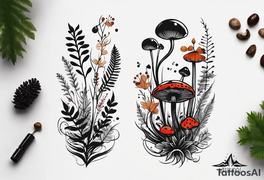 forest floor inspired minimalist tattoo, which includes grass, curly ferns, moss and dead leaves as the bulk of the tattoo. details to include: forest berries, a tiny bumblebee flying nearby, three small brown mushrooms
Generate a vertically long one tattoo idea