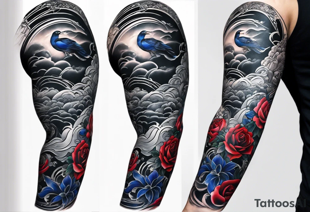 Full Arm sleeve, black, gray, silver, red, royal blue tattoo idea