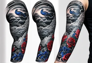 Full Arm sleeve, black, gray, silver, red, royal blue tattoo idea