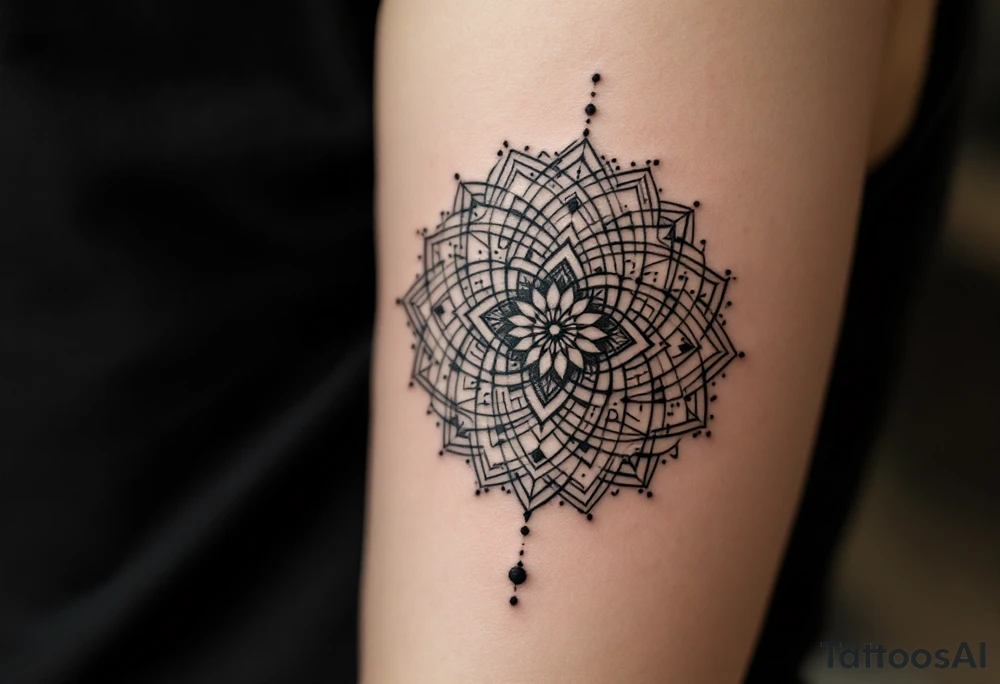fine-line tattoo, sacred geometry mandala, centerpiece design, dotwork patterns, radiating geometry, symmetrical mandala, geometric shapes, intricate dotwork, sacred patterns, mandala center, geometric radiating, fine line work, black grey shading, minimalist design, no outlines, arm placement, delicate linework, precise geometry, clean symmetry, sacred symbols, geometric precision, dotwork details, mandala focal point, refined patterns, understated complexity, geometric harmony
\ tattoo idea