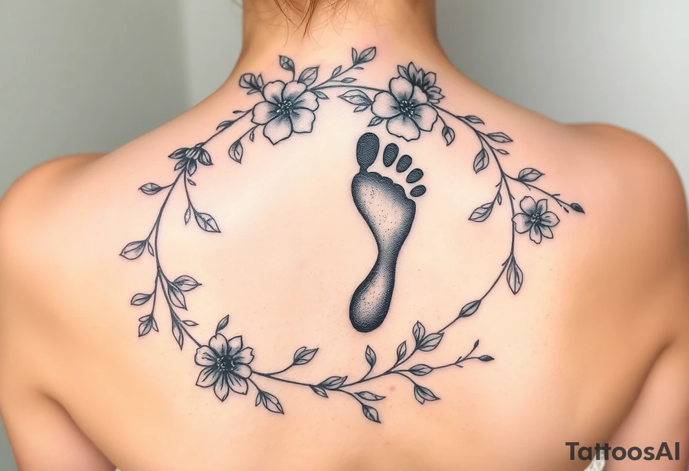 Charles 
Baby footprint 
1-14-23 
Surrounded by floral vines tattoo idea