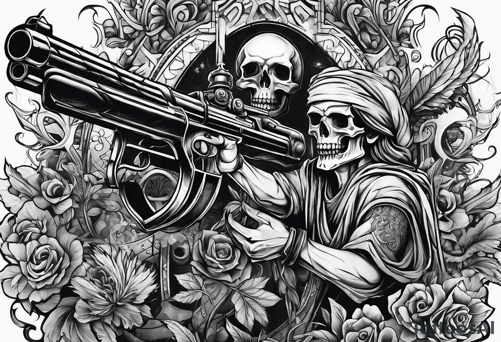 dead people with guns futuristic religious ancient graffiti tattoo idea