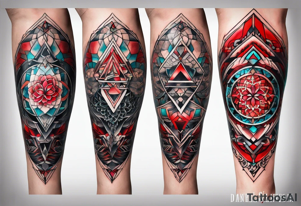 Daniel Silva Knee tattoo with tints of red and sacred geometry tattoo idea