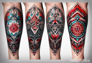 Daniel Silva Knee tattoo with tints of red and sacred geometry tattoo idea