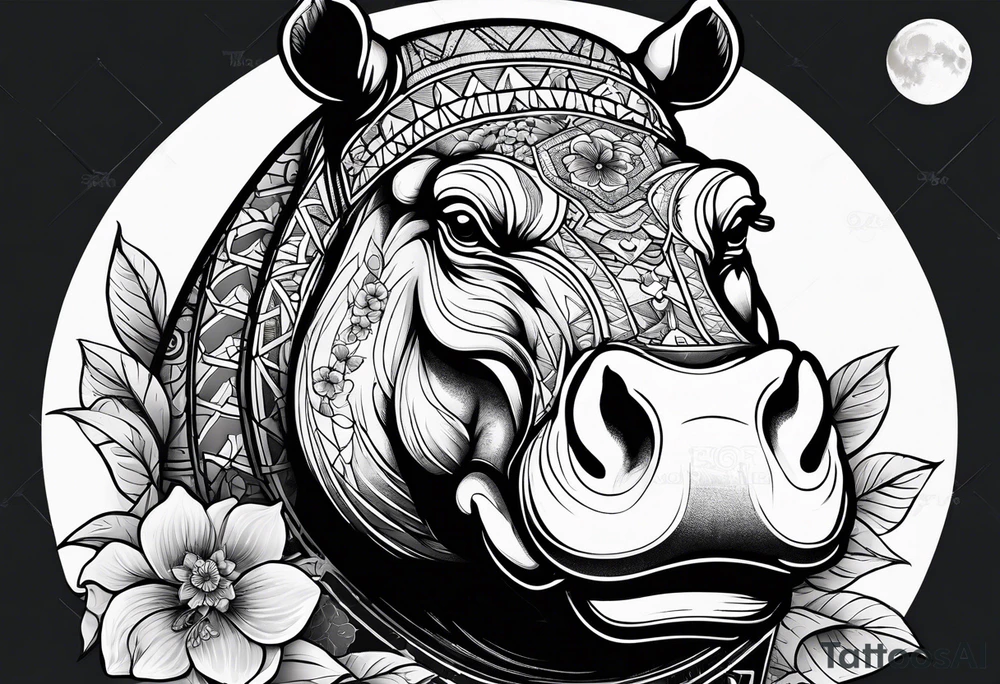 A symbolic hippo head with a detailed realistic full moon on upper right corner and wintersweet flower on lower left corner, looking like a totem tattoo idea