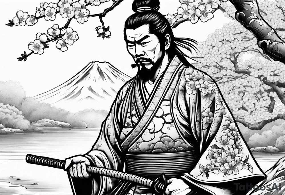 japanese samurai with cherry blossom trees in the back round and japanese traditional tattoos. tattoo idea