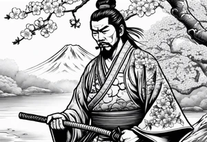 japanese samurai with cherry blossom trees in the back round and japanese traditional tattoos. tattoo idea