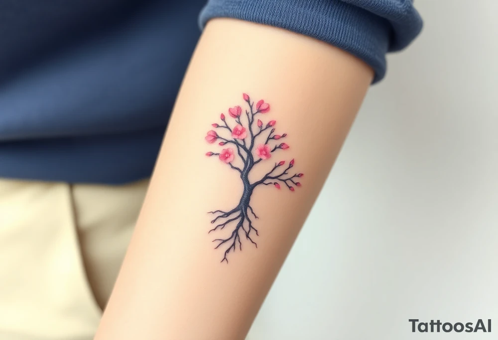 A delicate cherry tree with deep roots and lush soft pink petals, representing beauty, life, and fleeting yet precious family moments tattoo idea