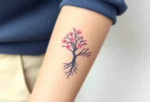 A delicate cherry tree with deep roots and lush soft pink petals, representing beauty, life, and fleeting yet precious family moments tattoo idea