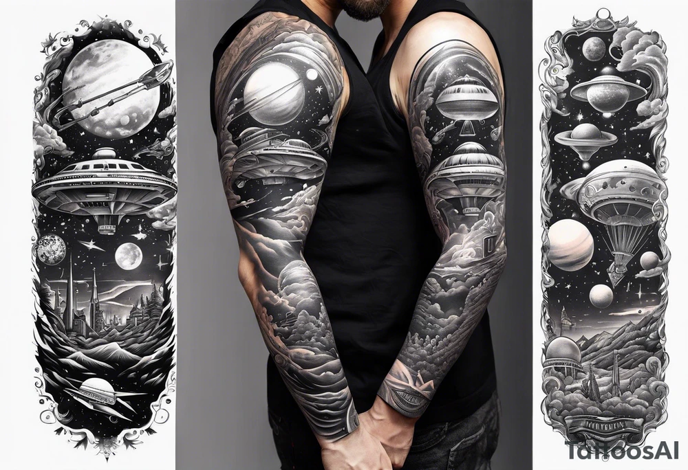 space themed arm sleeve with aliens ufos airplanes and rockets tattoo idea