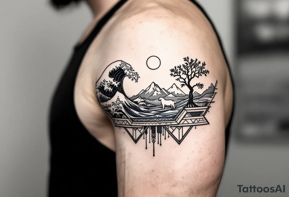 Fine line powerful ocean half sleeve with a wave, a whale, a Joshua tree, and a dog as separate elements with geometric patterns between them tattoo idea