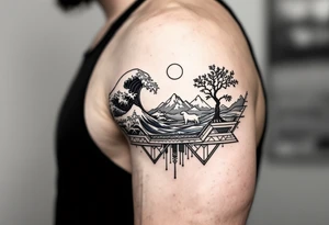 Fine line powerful ocean half sleeve with a wave, a whale, a Joshua tree, and a dog as separate elements with geometric patterns between them tattoo idea