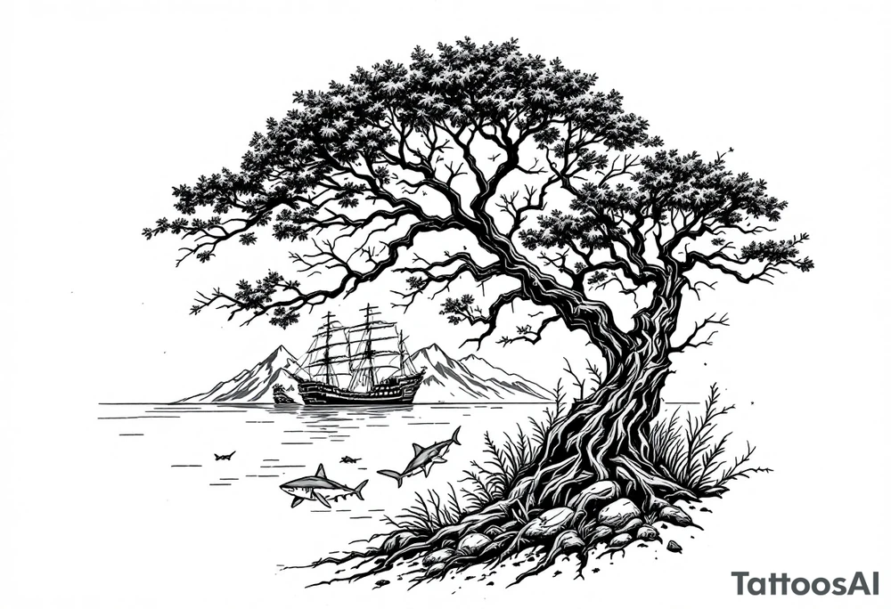 tattoo that has an acacia tree with forest mountains, ocean with a ship wreck with sharks and the bright northern star tattoo idea