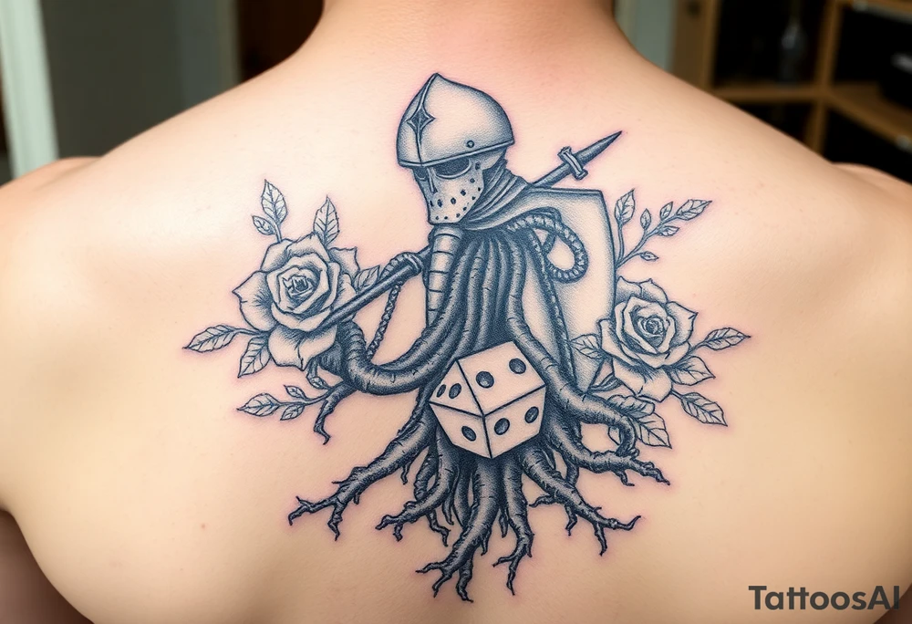 squid, knight intertwined with roses and tree roots rolling dice tattoo idea