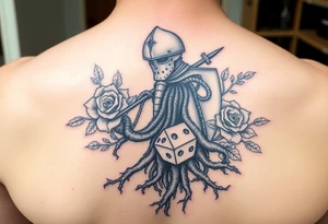 squid, knight intertwined with roses and tree roots rolling dice tattoo idea