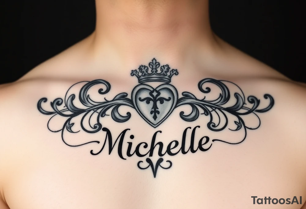 Create a tattoo on a man’s chest if a woman’s name. Claddagh and the name Michelle. Irish themed tattoo idea