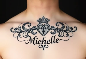 Create a tattoo on a man’s chest if a woman’s name. Claddagh and the name Michelle. Irish themed tattoo idea