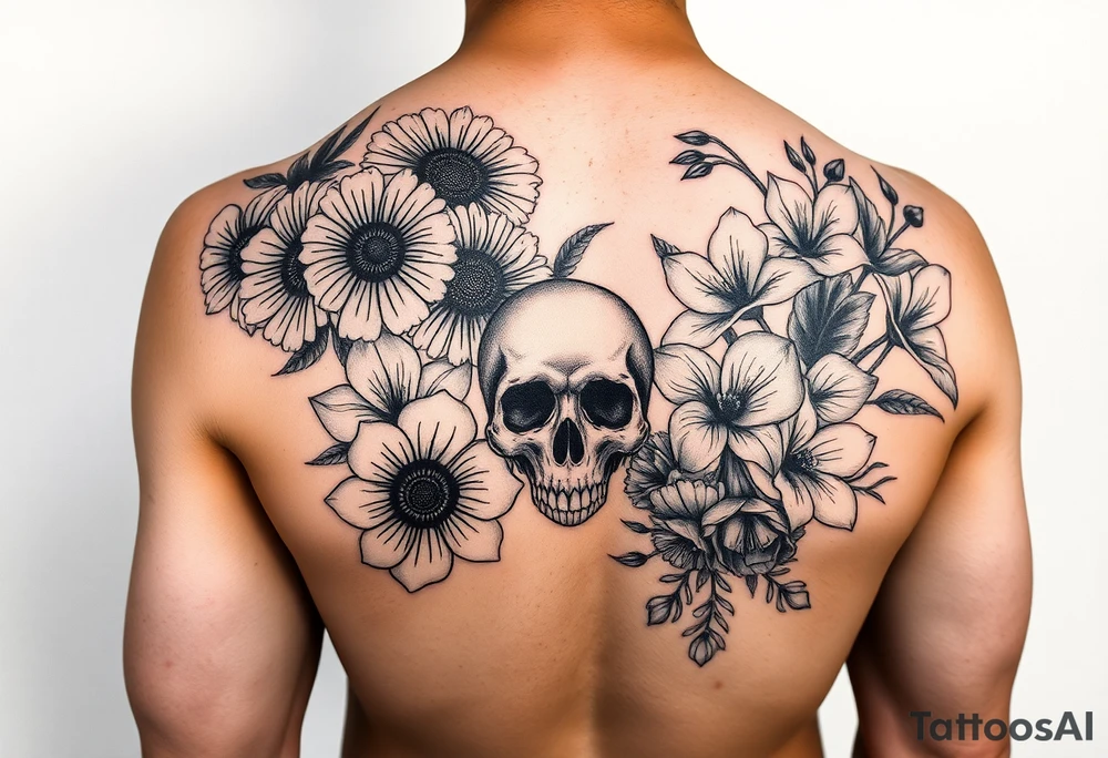 Half sleeve of Dark feminine florals with daisies, poppies, white narcissus, sweet peas, gladiolus with a feminine skull tattoo idea