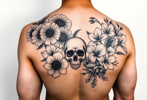 Half sleeve of Dark feminine florals with daisies, poppies, white narcissus, sweet peas, gladiolus with a feminine skull tattoo idea