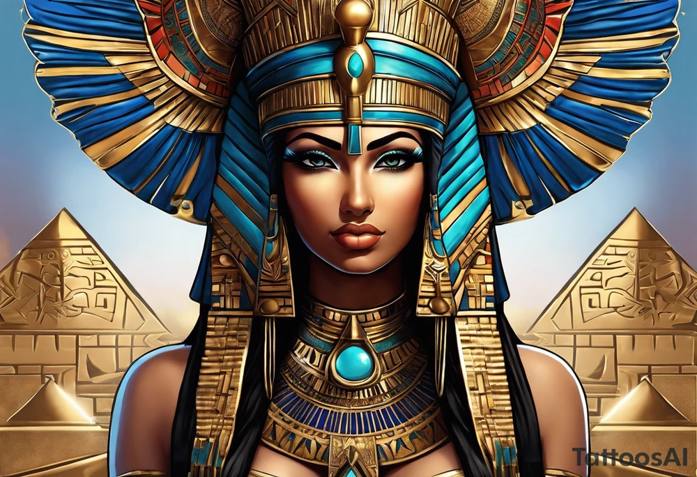Egyptian figure girl. The figure should be full, featuring a regal headdress and detailed facial markings reminiscent of ancient Egyptian art. Include mystical and symbolic elements such as the Eye of Horus and ankh, blending subtly with geometric background patterns. 
Hyperrealism tattoo idea