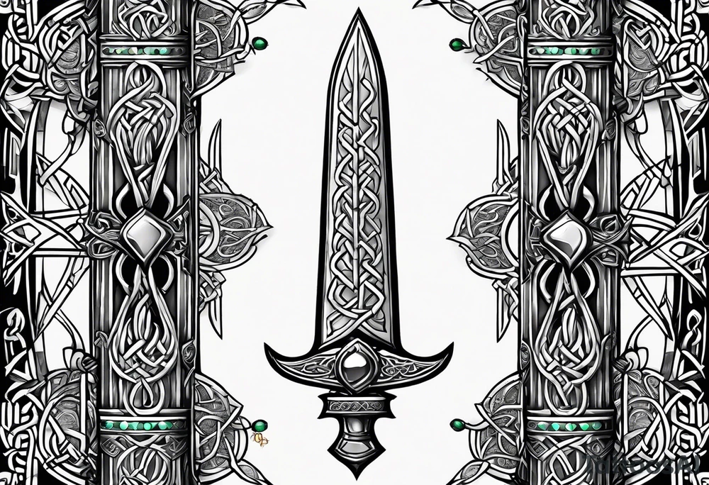 A Celtic dagger with an oak hilt turned upright and emerald gemstones on it tattoo idea