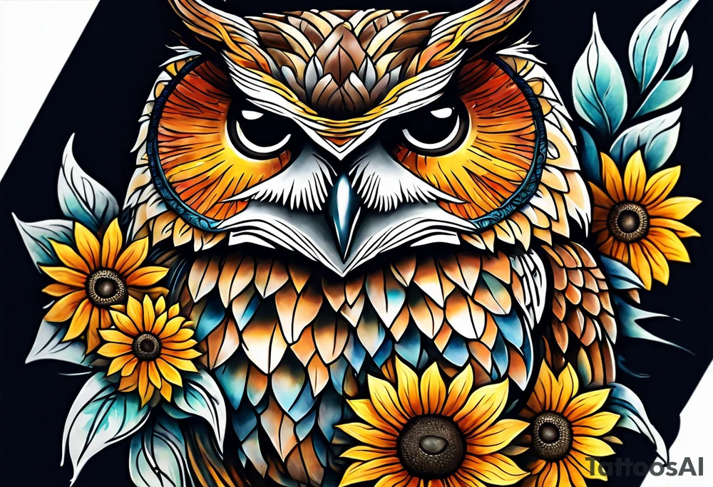 Leg sleeve with colorful sunflowers and an owl tattoo idea