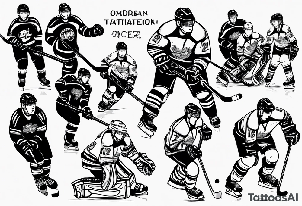 Hockey scene incorporating my children’s names in jerseys tattoo idea