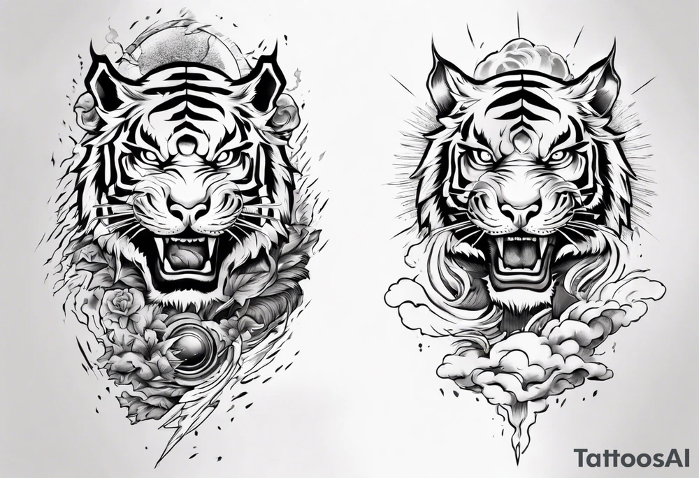 tiger warrior with lightning and the sun for a forearm sleeve tattoo idea