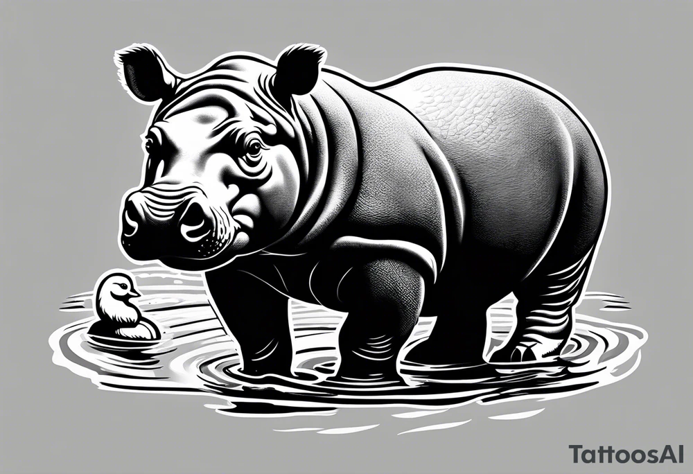 Baby hippopotamus facing left with a goose on its back tattoo idea