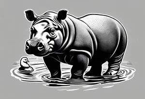 Baby hippopotamus facing left with a goose on its back tattoo idea