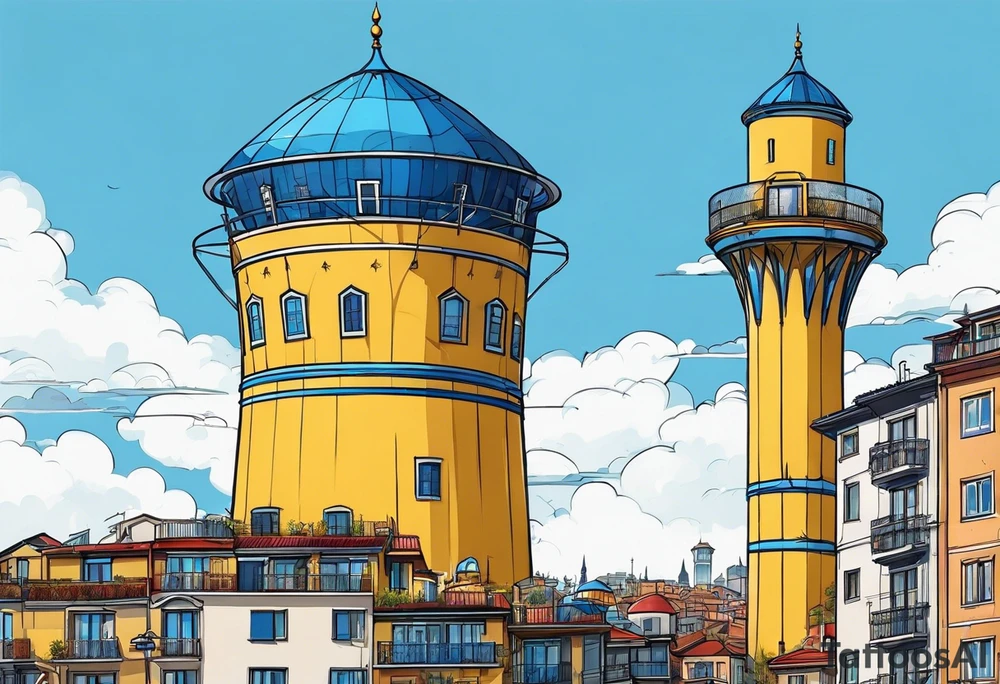 istanbul water tower with yellow blue details tattoo idea