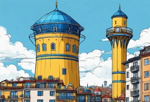 istanbul water tower with yellow blue details tattoo idea