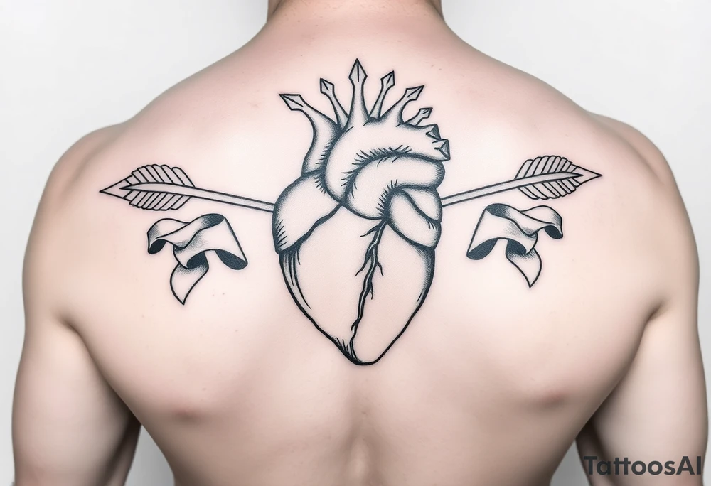 anatomical heart pierced by ornate arrow with flowing ribbons tattoo idea