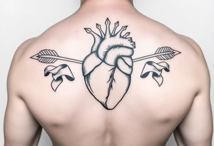 anatomical heart pierced by ornate arrow with flowing ribbons tattoo idea
