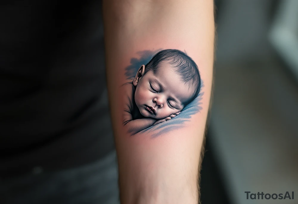 A realistic portrait of a sleeping baby boy in black and grey, with a soft blue background fade. tattoo idea