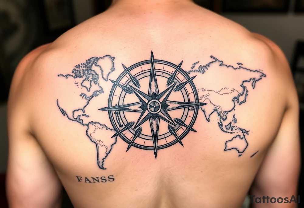 antique compass rose overlaid on weathered world map with sailing ships tattoo idea
