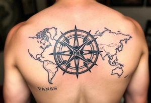 antique compass rose overlaid on weathered world map with sailing ships tattoo idea