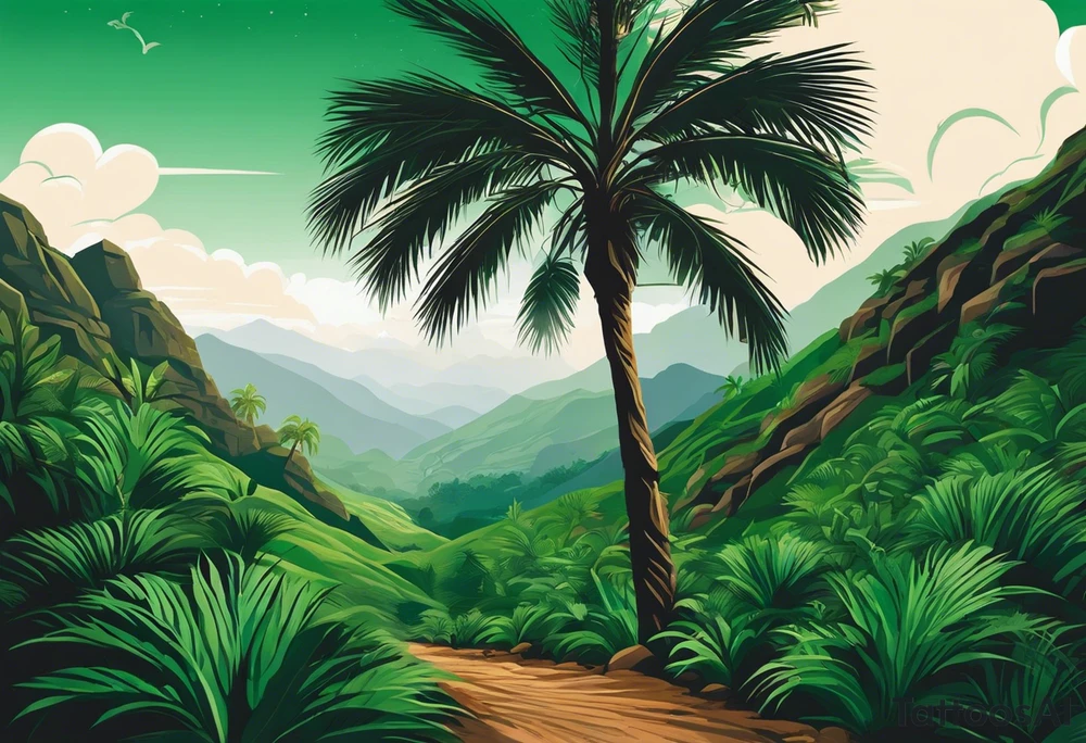 Tattoo: A striking Gachala emerald sits at the base of a tall quindio wax palm, which grows resiliently from cracks in rugged, rocky soil. The emerald is the main focal point, symbolizing strength and endurance, while the wax palm, rooted in the soil’s crevices, represents growth and resilience. A small water stream flows gently from the rocks, adding an element of life and nourishment. Style: Geometric. tattoo idea